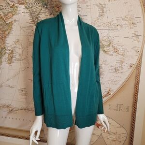Lands End long teal green cotton cardigan pockets grandma core casual work S/P